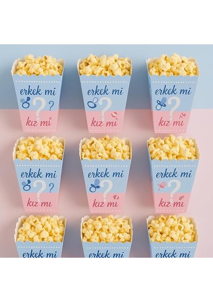 Kız Mı Erkek Mi Popcorn Kutusu, 8'li Set, Baby Shower ve Cinsiyet Partisi Için Mısır Kutuları, Mavi-Pembe