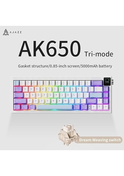 Ajazz AK650 Kablosuz Mekanik Klavye 3 Modlu Tft Ekranlı Hot-Swap-65 Tuşlu Rgb Mor/dream Switch indirimleri