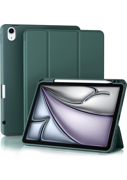 Ipad Air 11INÇ 2024 Air 4-5-6.nesil 10.9 ile Uyumlu Kılıf Pen Charge Kalem Bölmeli Orj Kapak Case, Koyu Yeşil