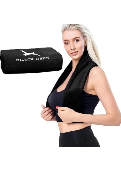 Deer Spor Fitness Havlusu Kondisyon Havlusu Koşu Yoga PILATES%100 Pamuk 90X50 cm Siyah