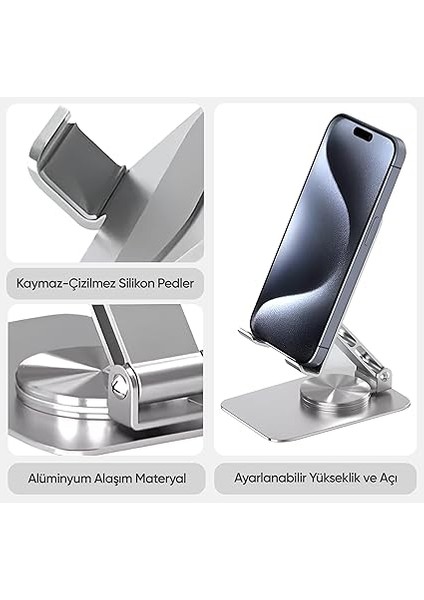 Çok Yönlü 360° Dönebilen Metal Gövdeli Telefon Standı Ayarlanabilir ve Katlanabilir Masa Üstü Ev ve Ofis Kullanımı Için Tüm Telefonlarla Uyumlu Tutucu (Gümüş) indirimleri