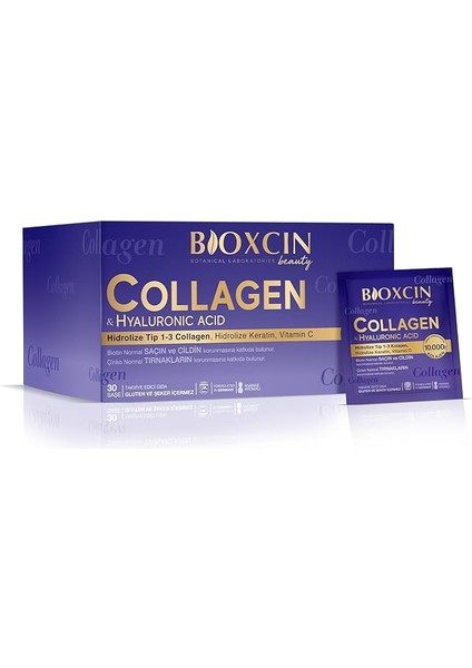 Beauty Collagen 30 Saşe 10.000 Mg – Tip 1 Tip 3 Hidrolize Kolajen, Hyaluronik Asit, Vitamin C ve Biotin Içeren Takviye Edici Gıda