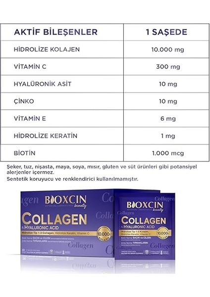 Beauty Collagen 30 Saşe 10.000 Mg – Tip 1 Tip 3 Hidrolize Kolajen, Hyaluronik Asit, Vitamin C ve Biotin Içeren Takviye Edici Gıda indirimleri