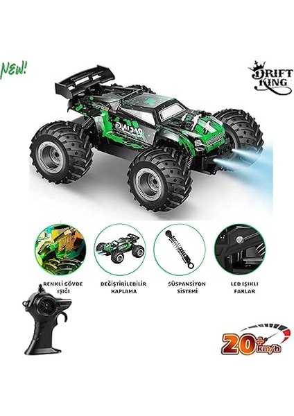 Ghz Uzaktan Kumandalı Şarjlı LED Işıklı Drift Atan 20 Km Hız Yapan Off Road Araba (Yeşil) fiyatları