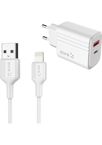 ​zore Play Serisi PL05 Lightning 2in1 Seyahat Şarj Aleti 20W - Beyaz