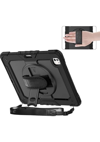 iPad Pro 13 Inç M4 2024 7. Nesil Için Kılıf (Model: A2925, A2926, A3007) Tam Koruma Darbe Emici, 360° Dönebilen Stand, Ayarlanabilir Omuz Askısı, Kalem Tutucu, Siyah fiyatları