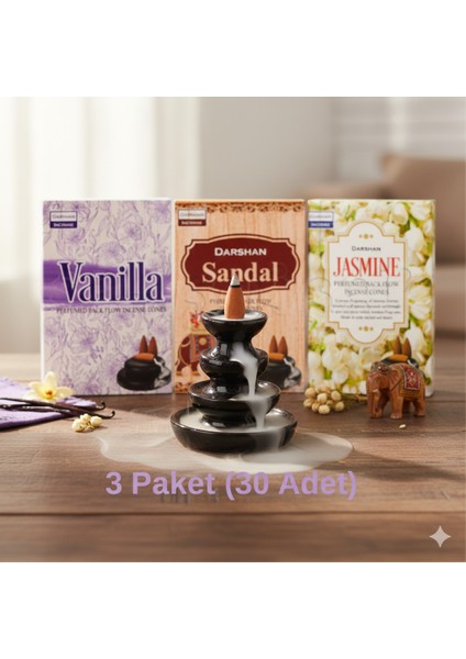 Geri Akışlı Şelale Tütsü 3'lü Set (Vanilla, Sandal, Jasmine) - 30 Adet