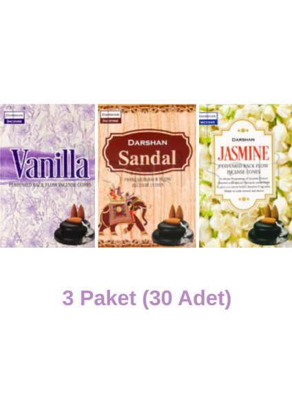 Geri Akışlı Şelale Tütsü 3'lü Set (Vanilla, Sandal, Jasmine) - 30 Adet fiyatları