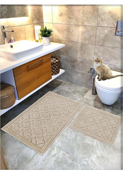%100 Pamuk Dokuma Su Emici Banyo Paspas Seti, Banyo Halısı Çiçek 2 Li Set 60X100-60X50 (Bej)