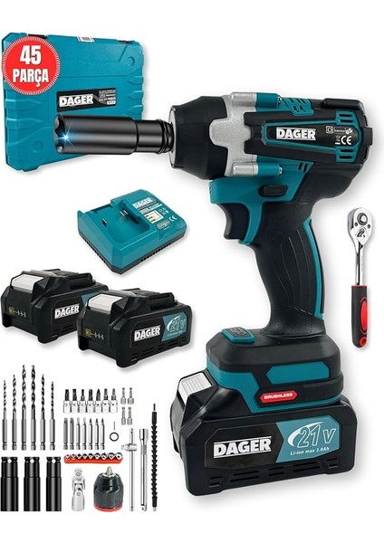Blast 21V Kömürsüz Darbeli Şarjlı Somun Sıkma, Vidalama ve Matkap Seti | Çift 3.0AH Akü + Mandren + Lokma + 45 Parça | 450NM Tork