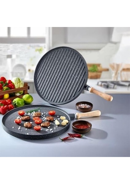 Yanmaz Yapışmaz Granit Kaplama Döküm Çift Taraflı Izgara ve Gözleme Tavası, Çift Taraflı Bazlama ve Et Tavası, Çıkarılabilir Saplı Granit Kaplama Döküm Tava 34CM