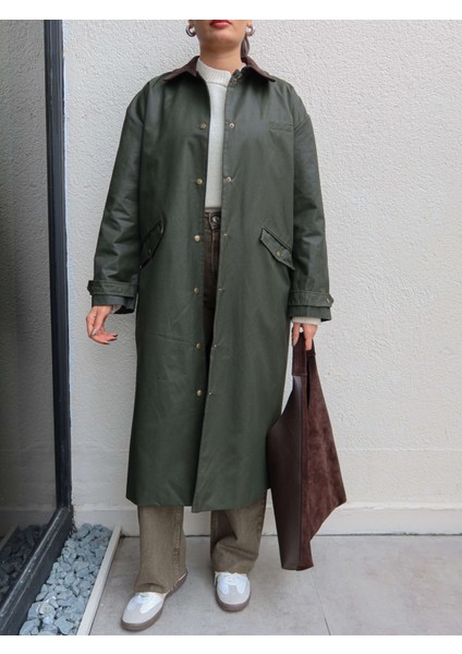 Kadife Yaka Çıtçıtlı Trench indirimleri