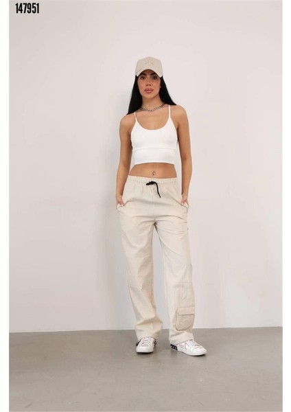 Praşut Kumaş Paça Cepli Baggy Eşofman - Bej
