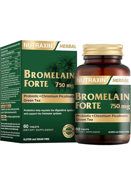 Bromelain Forte – 750 Mg Bromelain, Yeşil Çay Ekstresi, Krom ve Probiyotik Içeren Sindirim ve Bağışıklık Destek Tableti – 60 Tablet – Alerjen Içermez