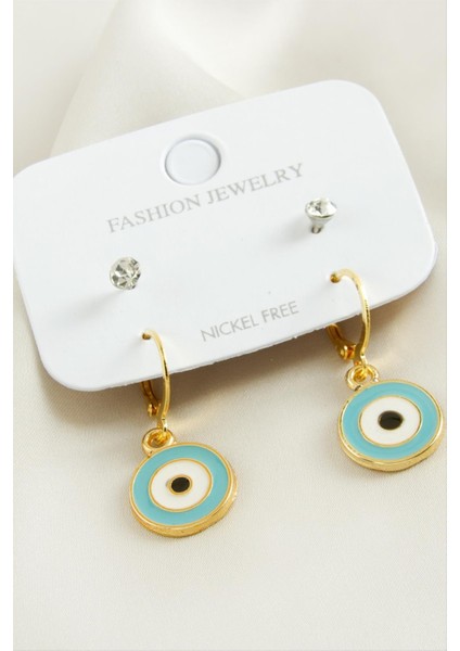 4 Adet Nazar Taşlı Mineli Halka Küpe