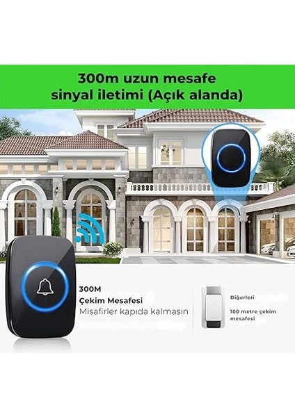 Kablosuz Uzaktan Kumandalı Kapı Zili Mavi LED Işıklı 60 Melodi 300 M Menzil Ev Ofis Depo, Logosuz Tasarım, Hasta Yaşlı ve Bakıma Muhtaçlar Için Acil Çağrı Butonu, Tak Çalıştır, Siyah indirimleri
