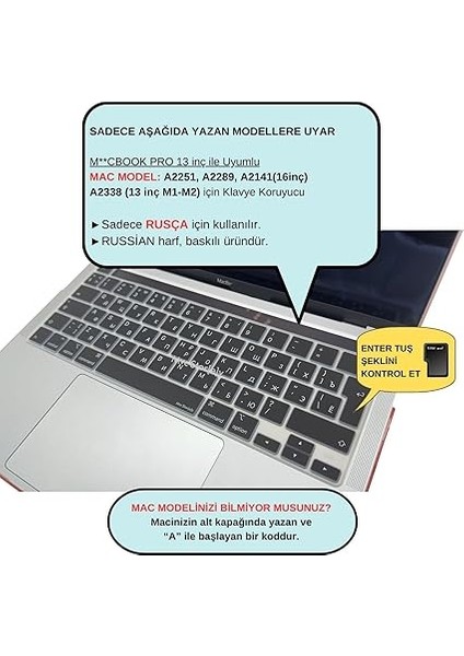 Rusça Klavye Macbook Pro M1-M2, 13INÇ Kılıf (Touchbarlı Pro) A2338 A2251 A2289 A2141 ile Uyumlu Siyah fiyatları