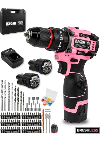 Nova 16.8V Kömürsüz Darbeli Şarjlı Matkap Vidalama Seti | 60NM | Çift Akü + 85 Parça Aksesuar + Hızlı Şarj | Pembe