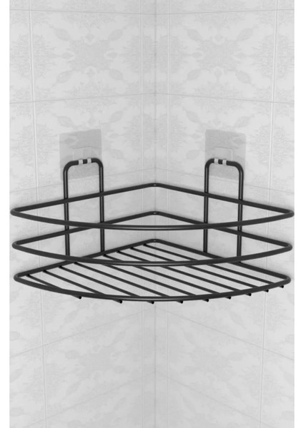 Buffer® Kendiliğinden Yapışkanlı Montaj Gerektirmeyen Tek Katlı Banyo Askı Köşe Şampuanlık Siyah