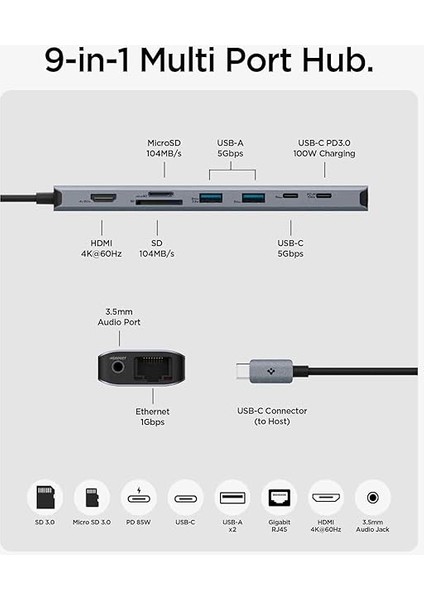 Arcdock 85W Güç Adaptörü 9in1 Usb-C Multi Hub / Çoklayıcı 9 Port / 4K 60hz / Ethernet 1gbps / MacBook PD2306 Space Gray - ACA06388 fiyatları