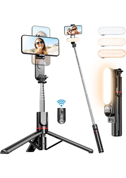 Dolgu Işıklı Sabit Selfie Çubuğu Tripod, Iphone, Samsung, Huawei, Sony ve Diğer Akıllı Telefonlar Için Kablosuz Uzaktan Kumandalı 360 ° Dönebilen Genişletilebilir Cep Telefonu Tripodu