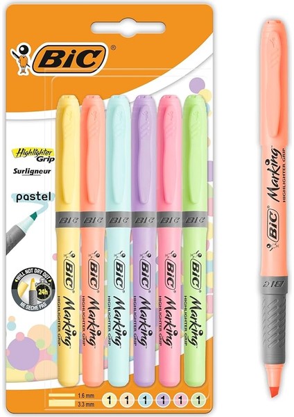 Intensity Highlighter Grip Pastel Marker Fosforlu Kalem 6'lı Blister, Su Bazlı Mürekkep, 6 Pastel Renk, Kauçuk Tutaçlı
