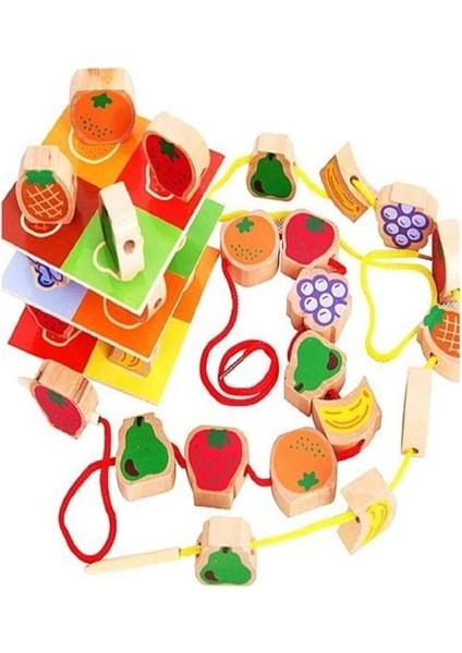 Ahşap Boncuk Dizme Eşleme ve Denge Kulesi 60 Parça - Fruit Piles Tower 60 Pcs