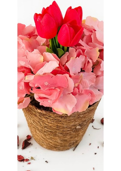 Romantik Pembe Ortanca & Laleler Hasır Saksı Aranjmanı fiyatları