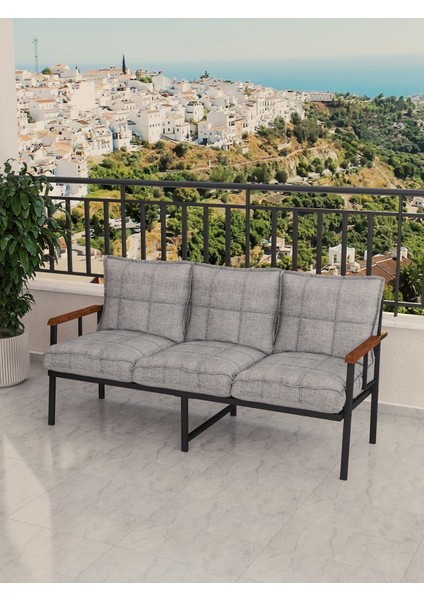 Modern Balkon, Bahçe, Cafe, Metal Koltuk, Kanepe Üçlü - Açık Gri