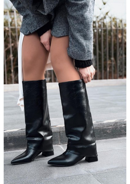 Jasmir Kadın Topuklu Çizme Siyah Parlak Deri