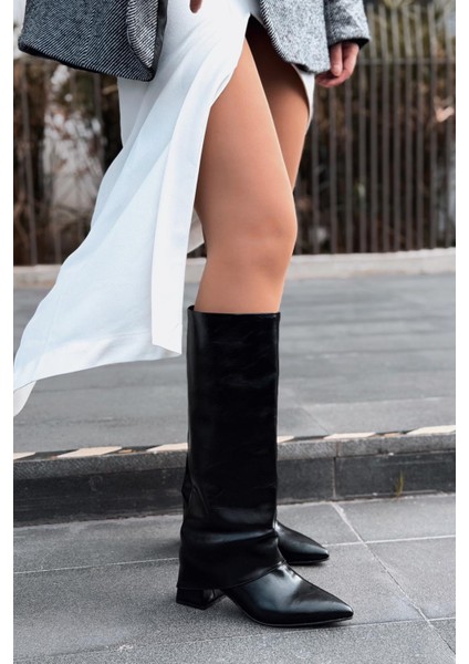 Jasmir Kadın Topuklu Çizme Siyah Parlak Deri indirimleri