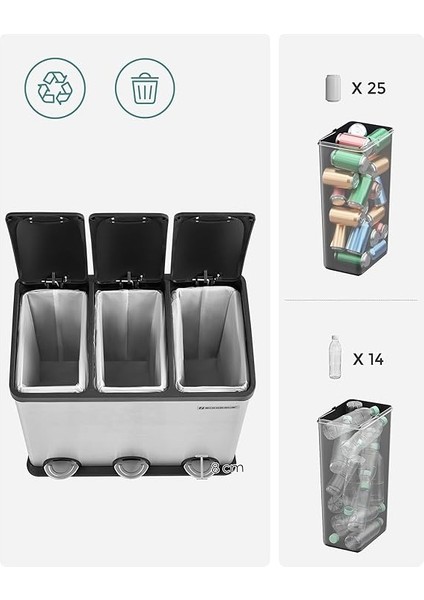 54 Litre Pedallı Mutfak Çöp Kovası, 3 Bölmeli, Iç Kovalar, Atık Ayırma Için 6 Etiket, Atık Ayırma Sistemi, Gümüş-Siyah LTB54L modelleri