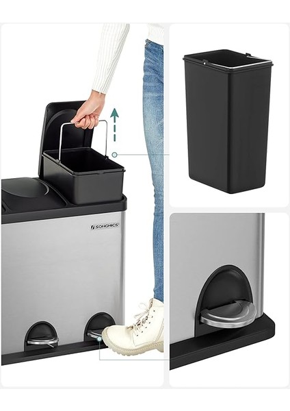54 Litre Pedallı Mutfak Çöp Kovası, 3 Bölmeli, Iç Kovalar, Atık Ayırma Için 6 Etiket, Atık Ayırma Sistemi, Gümüş-Siyah LTB54L fırsatları