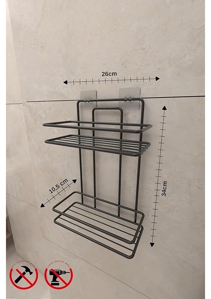 Banyo Ömür Boyu Paslanmaz Yapışkanlı Siyah 2 Katlı Düz Şampuanlık Tş02, Delmeye Son, Ister Yapıştır Ister Montajla indirimleri