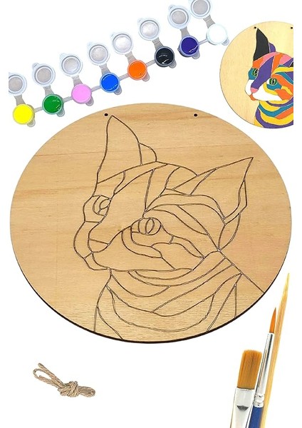 Inside Renkli Kedi Ahşap Boyama Tuval Seti Hediye Hobi Kiti 20 cm