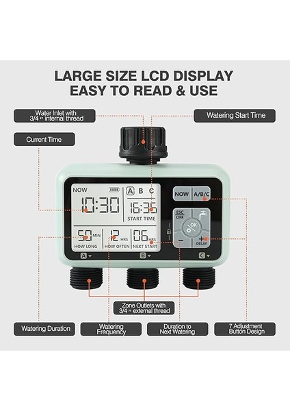 Su Zamanlayıcı Sulama Sistemi, 3 Çıkışlı Su Yağmurlama Zamanlayıcı Çim ve Bahçe Sulama Ekipmanları/otomatik Sulama Sistemi/ıpx5 Su Geçirmez/çocuk Kilit Modu/çimler Için Yağmurlama fırsatları