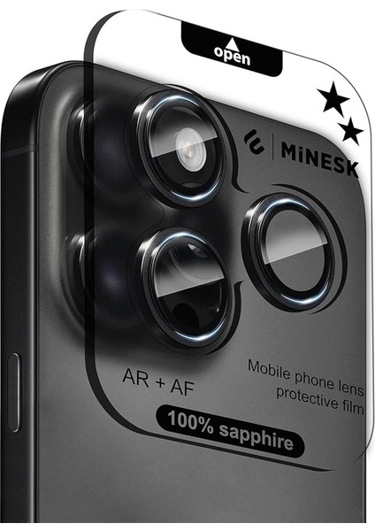 iPhone 15 Pro / 15 Pro Max ile Uyumlu Orijinal Safir Cam (%99.9 Saflıkta Gerçek Safir) Cihazın Kendi Lensleri ile Aynı Materyal Lens Koruyucu Kamera Camı (Siyah)