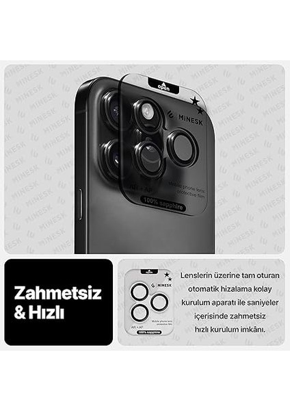 iPhone 15 Pro / 15 Pro Max ile Uyumlu Orijinal Safir Cam (%99.9 Saflıkta Gerçek Safir) Cihazın Kendi Lensleri ile Aynı Materyal Lens Koruyucu Kamera Camı (Siyah) modelleri