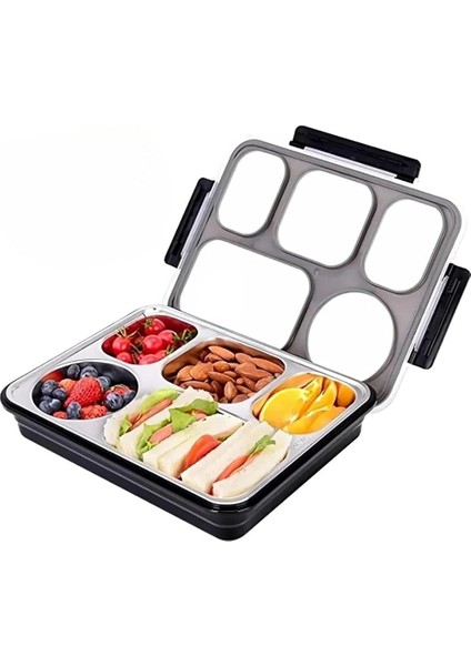 Bento 1600ML Lunchbox Tek Katlı 5 Bölmeli Çelik Sefer Tası Yemek Kutusu (Siyah)