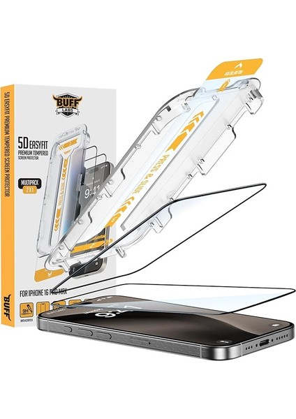 Labs iPhone 16 Serisi ile Uyumlu 5d Easyfit 2 Adet Kolay Uygulama Aparatlı Ekran Koruyucu Temperli Cam, iPhone 16 Pro Max, Şeffaf
