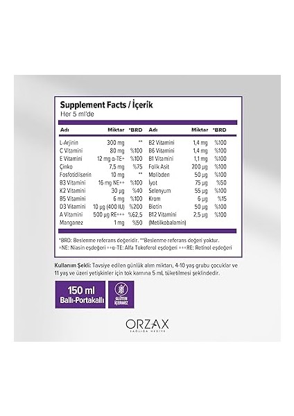 Vm Arginin Ps 150 ml Ballı Portakal Aromalı Şurup fiyatları