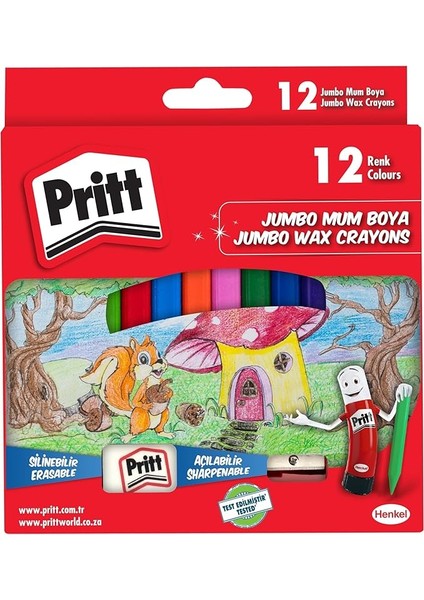 12'li Jumbo Üçgen Silinebilir Pastel Boya (Mum Boya) + Silgi ve Kalemtıraş Hediyeli