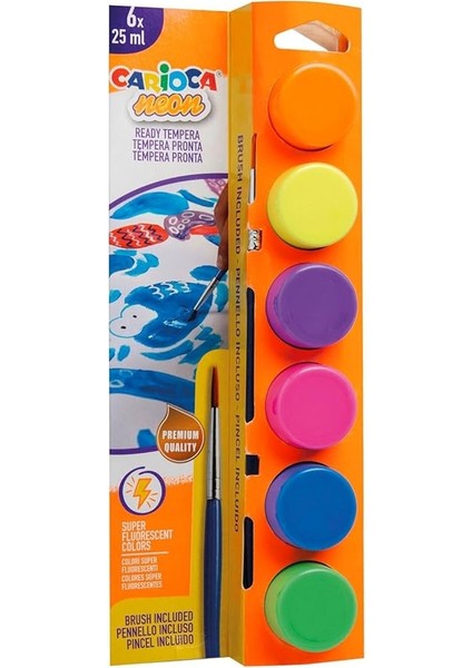 Fosforlu Tempera Suluboya Süper Yıkanabilir Fırçalı 6 * 25 ml 6 Renk Karışık