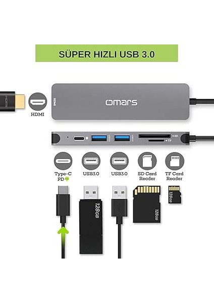 6 Port Type-C USB 3.1 Pd 4K HDMI Video Transferi Sd/tf Kart Uyumlu Hub Dönüştürücü Adaptör fırsatları