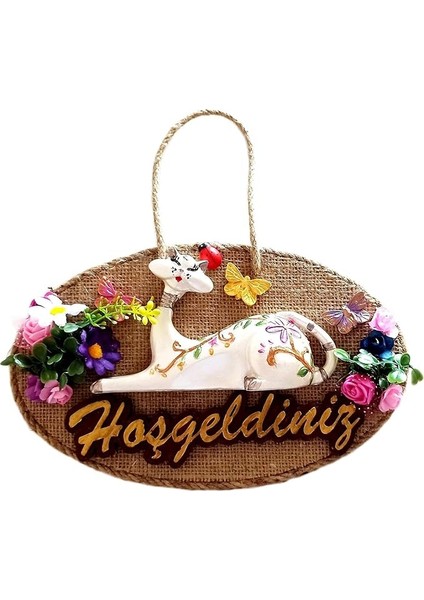 Kedi Figürlü El Yapımı Hoşgeldiniz Kapı Süsü - Asma Süsü - Ahşap - Ziyafetler