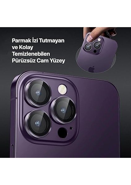 iPhone 15 Pro - 15 Pro Max / 14PRO - 14PROMAX Modellerinin Tümüne Uyumlu Alüminyum Alaşım Çerçeveli ve 9h Sertliğinde Temperli Camlı Lens Koruyucu (Mor) fiyatları