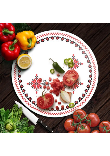 Cam Kesme Tahtası ve Sunumluk Yuvarlak Kanaviçe Desenli 30 x 30 cm modelleri