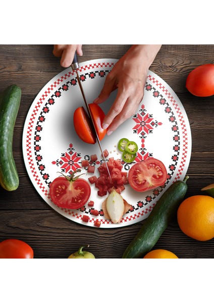Cam Kesme Tahtası ve Sunumluk Yuvarlak Kanaviçe Desenli 30 x 30 cm fırsatları