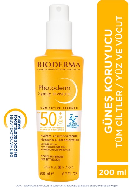 Photoderm Spray Invisible SPF50+ Tüm Ciltler için Sprey Formda Yüksek Korumalı Güneş Kremi 200 ml
