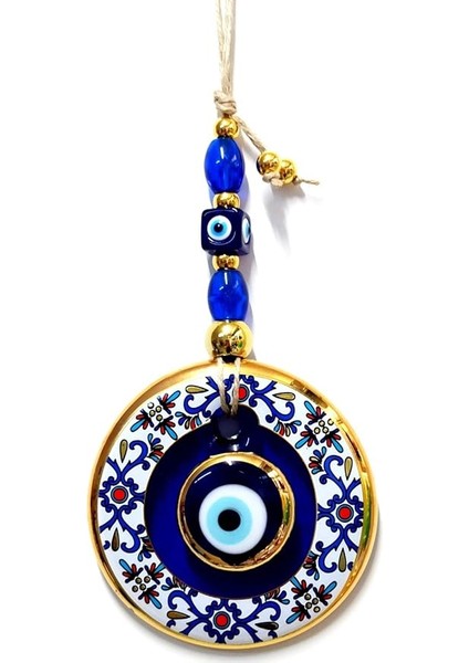 Desenli Nazar Boncuklu Duvar Süsü, Cam El Işçiliği Hediyelik Eşya Altın Yaldızlı Nazar Boncuğu